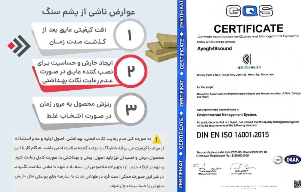 نصب عایق پشم سنگ در دیوار مشترک یا سقف، همراه با تأکید بر استفاده از ماسک برای ایمنی کارگر.