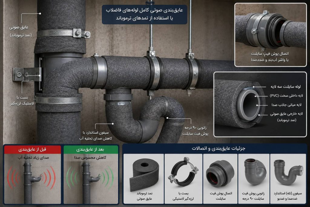 عایق بندی صوتی لوله فاضلاب داخل دیوار | عایق ساند